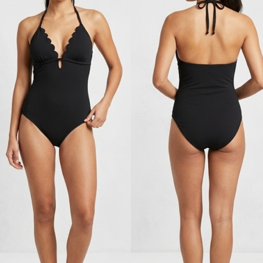 Time and Tru Elegant Black Scalloped Halter One Piece Swimsuit Sz L (12-14) NWOT